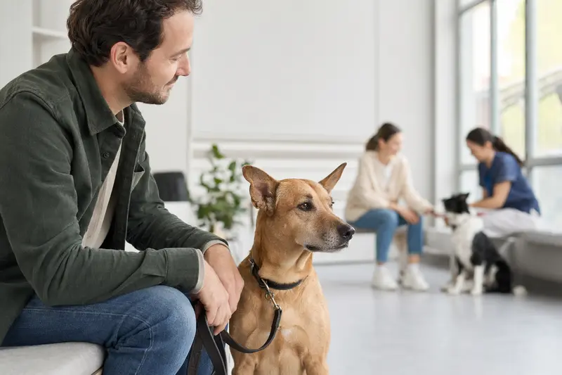 Ein Charnegui Hund sitzt ruhig neben seinem Besitzer im hellen Wartezimmer einer modernen Tierarztpraxis.